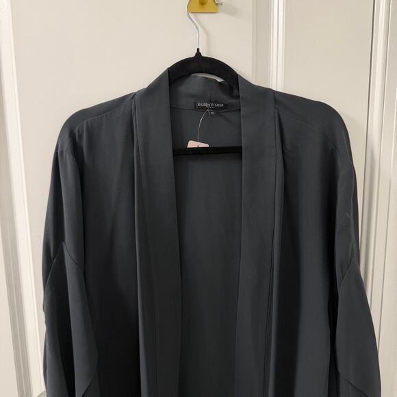 EILEEN FISHER $275 2X SILK OPEN FRONT SIDE SLIT KIMONO BLACK CARDIGAN - Picture 5 of 8